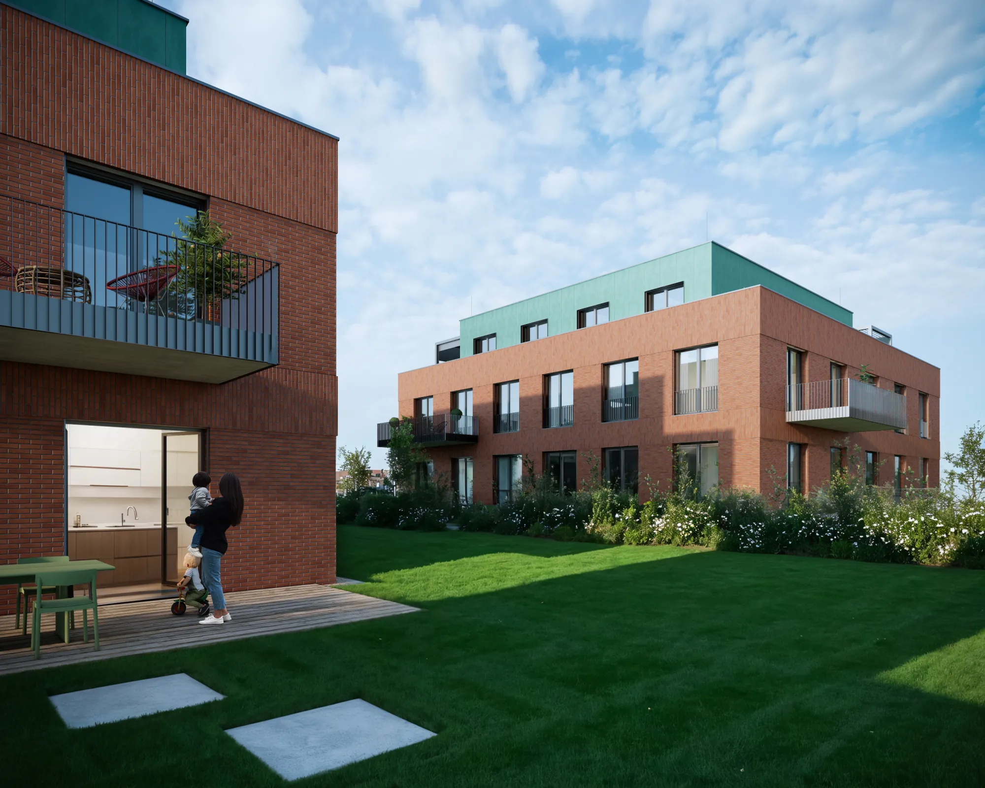 Pohled z vnitřní zahrady mezi viladomy