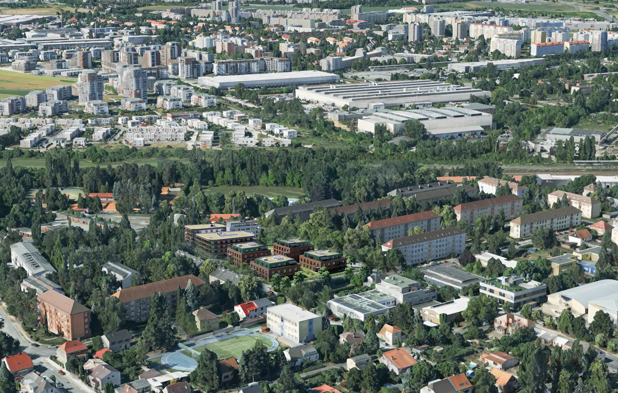 Letecký pohled na Zahrady Čakovice a okolí